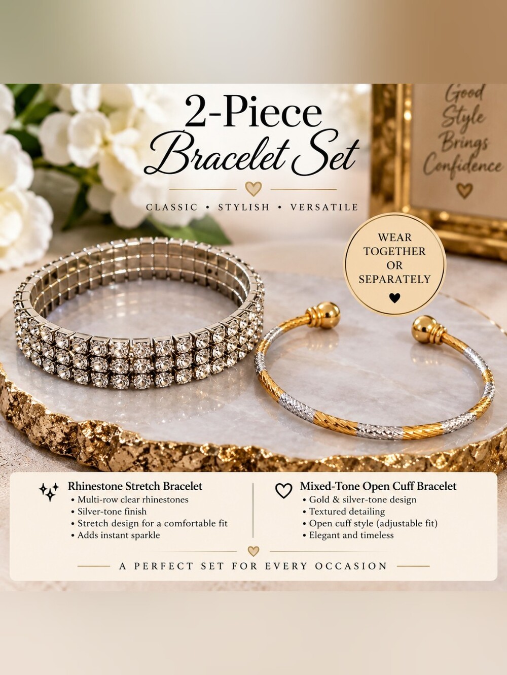 Mixed-Tone and Silver Rhinestone 2-Piece Bracelet Set